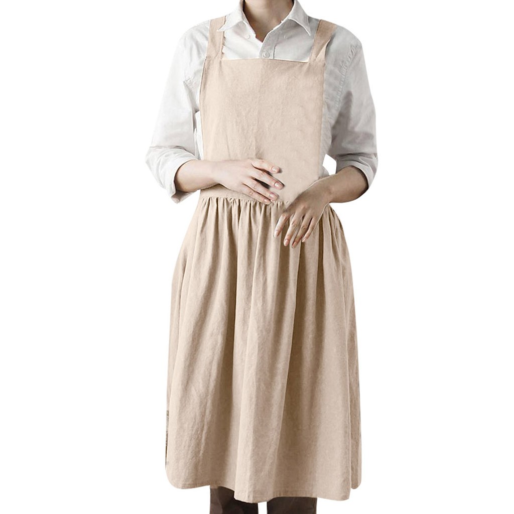Women's Cotton Linen Bib Apron Sleeveless Pinafore Home Cooking Florist Dress US
