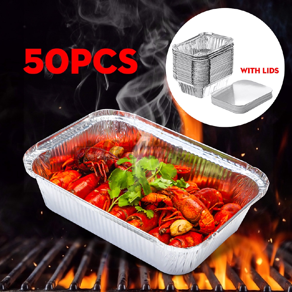 (Stock) 50PCS Aluminum Foil Trays BBQ Disposable Food Container Baking