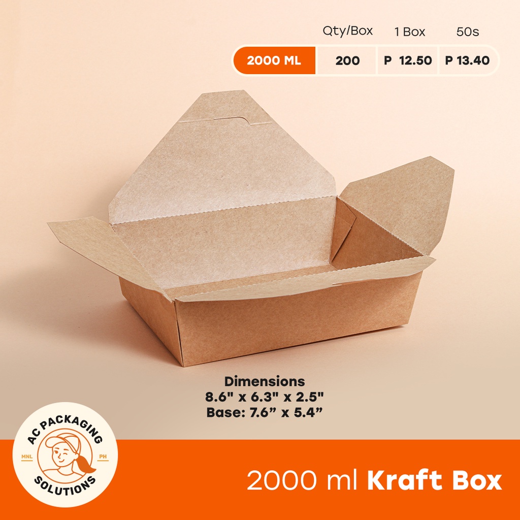 (50 pcs) Kraft Take Out Box 800 ml, 1400 ml, 1500 ml, 2000 ml Shopee