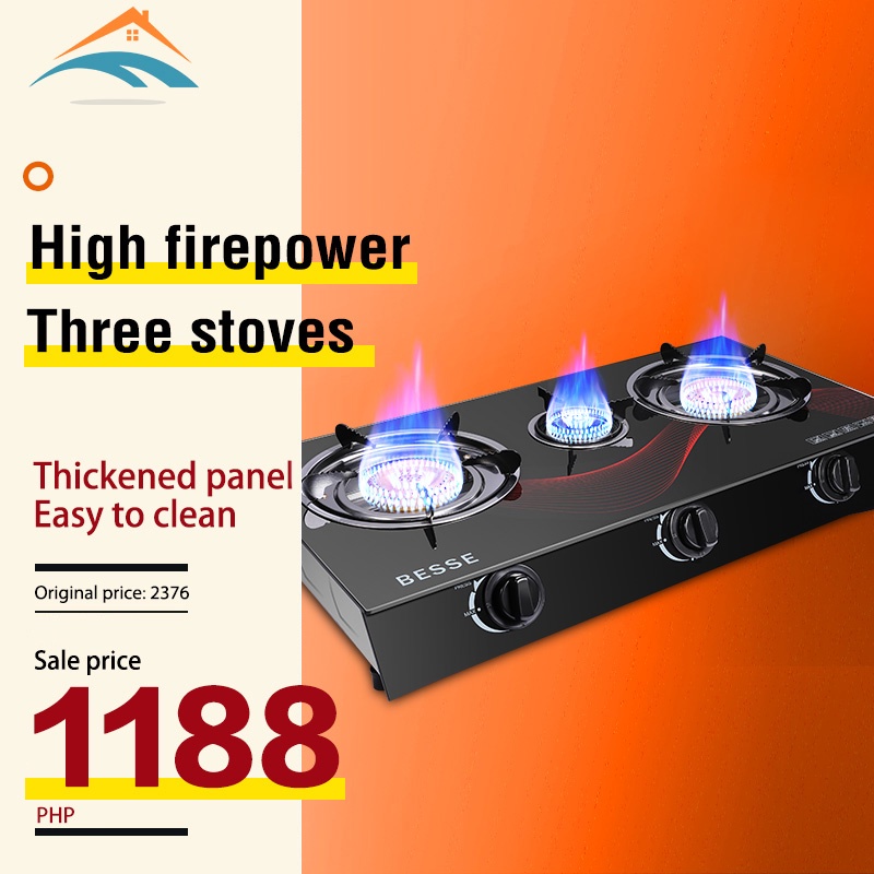 Threeburner gas stove, stainless steel body, tempered glass surface