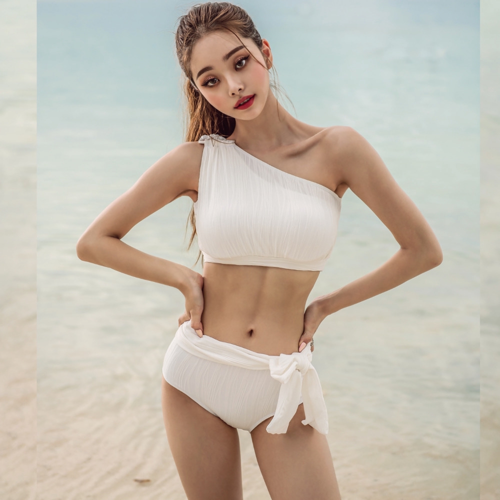 all white high waisted swimsuit