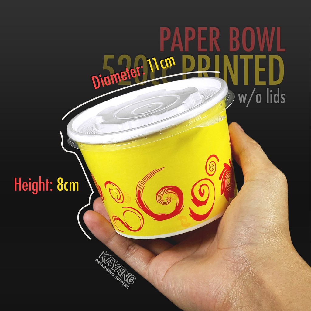 [50pcs] 520cc Paper Bowl with Lid (Option) Yellow Lucky Spiral Design