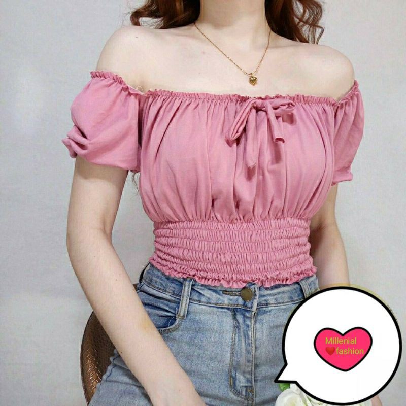 Garterized Plain Smocked Puff Sleeves Cotton Top | Shopee Philippines