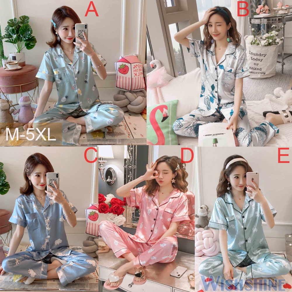Women Plus Size M 5XL Baju  Tidur  Silk  Satin  Pajamas  Female 
