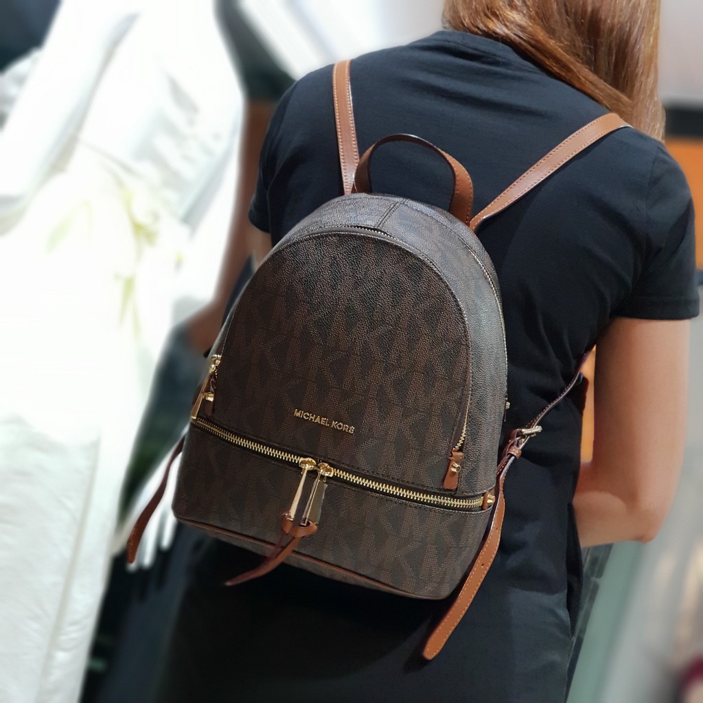 Michael Kors Zip Leather Backpack - Rhea with Signature Coated Monogram  Brown Large Logo | Shopee Philippines