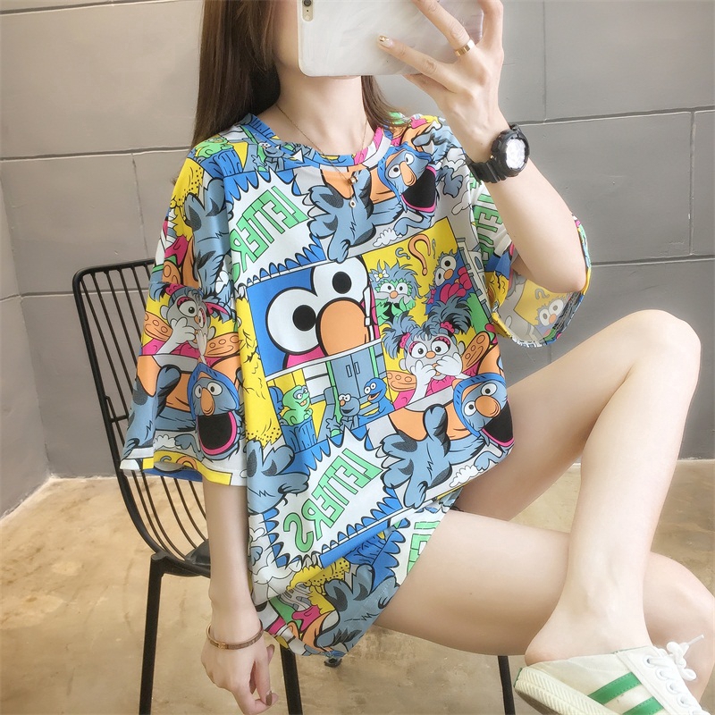 Women T-Shirt Cartoon Color Sesame Street Loose Short Sleeve Anime Hip ...