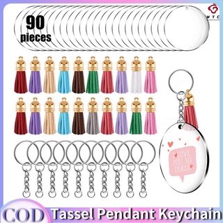【Fast Delivery】 90Pcs Transparent Acrylic Disc Keychain Rough Tassel Pendant Keychain DIY Kit Gifts