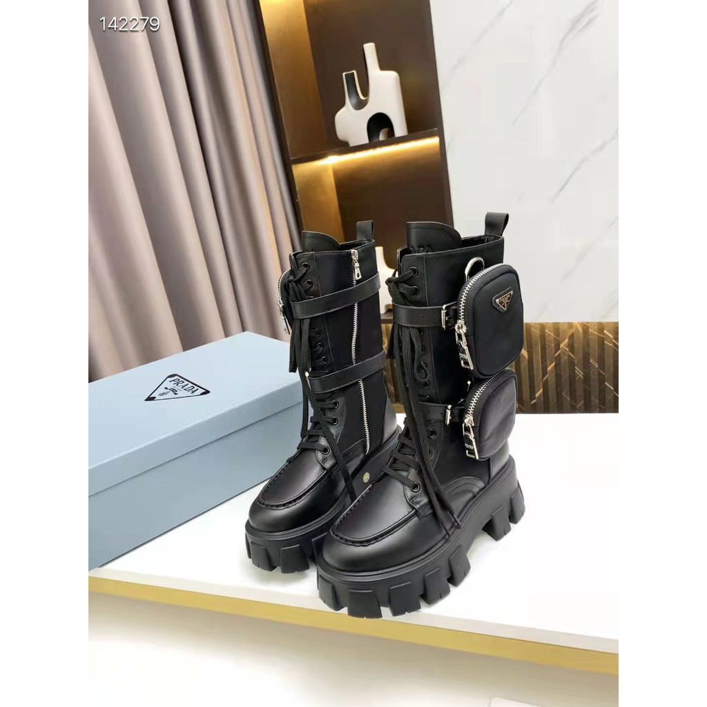 Lace-up zipper Prada side zip boots Mid-high boots for kids Huang Shengyi Running Wallet Boots Same thick-soled Martin boots