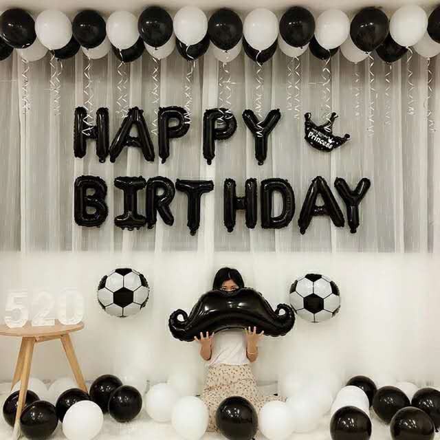 16 inches Colour Black “happy birthday” letters aluminum foil balloon set with ribbons Anniversary
