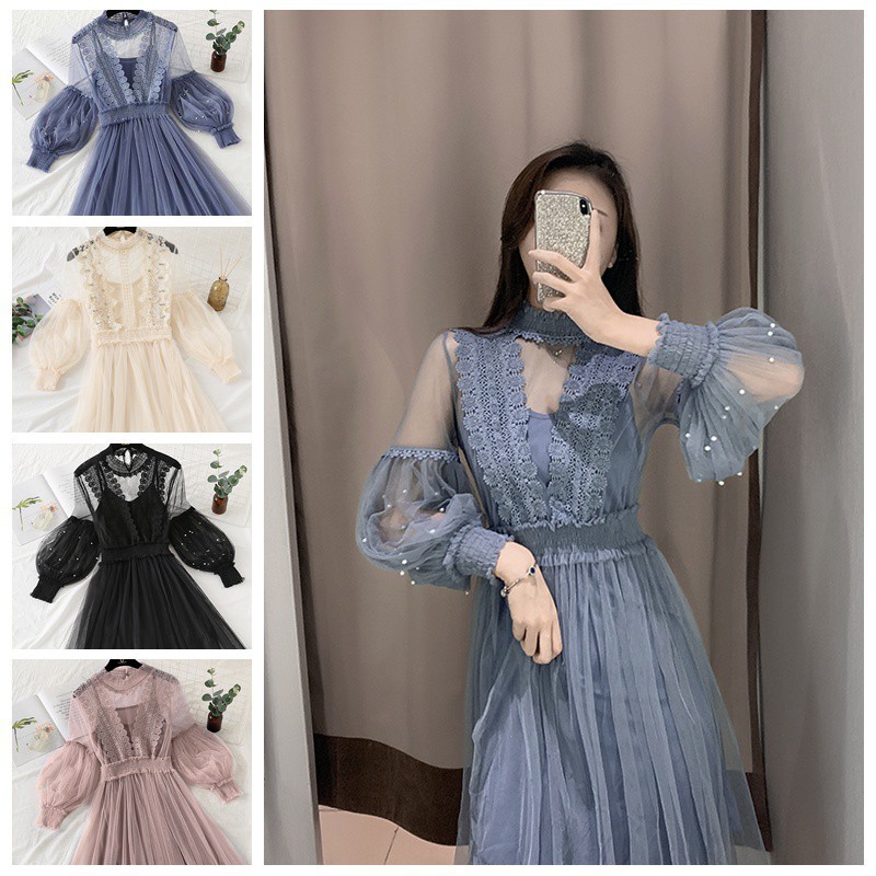 Women Autumn Long Sleeve Turtleneck Lace Dresses For Women Korean