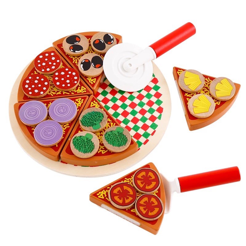 Kids Wooden Toy Pretend Play Kitchen Pizza Playset Fast Food Role Play ...