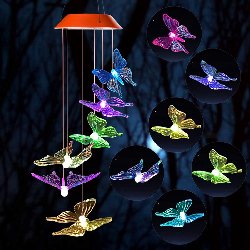 Purple-Yellow Decoration Wind Chimes Changing Colors with Waterproof LED Solar Lights,Outdoor Decor for Garden Butterfly Solar Wind Chimes for Outside Birthday Gifts for Mom,Grandma Gifts 