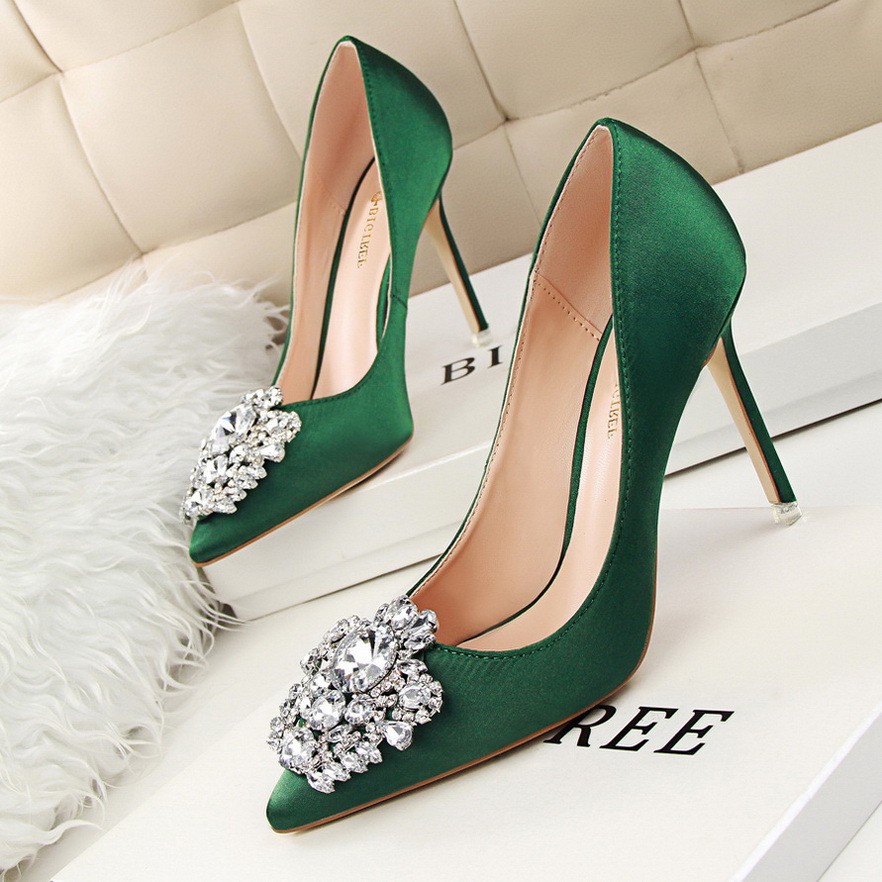 green satin high heels