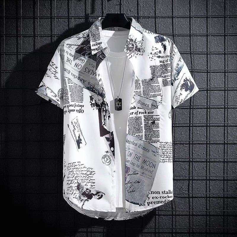 【M5XL】Men's Short Sleeve Printed Shirt Fashion Short Sleeve Shirt Hong