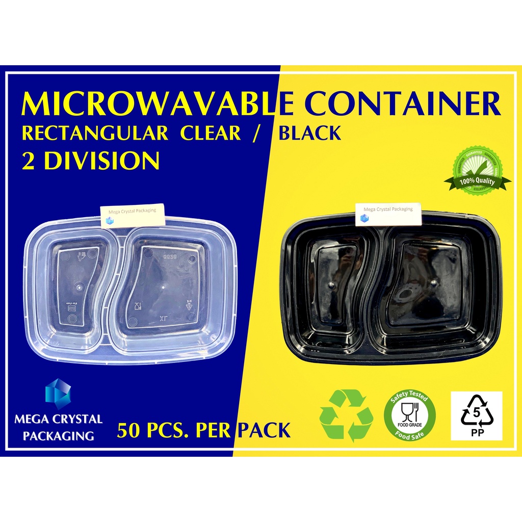 [ 50 Pcs. ] Microwavable Container Rectangular 2 Division CLEAR / BLACK