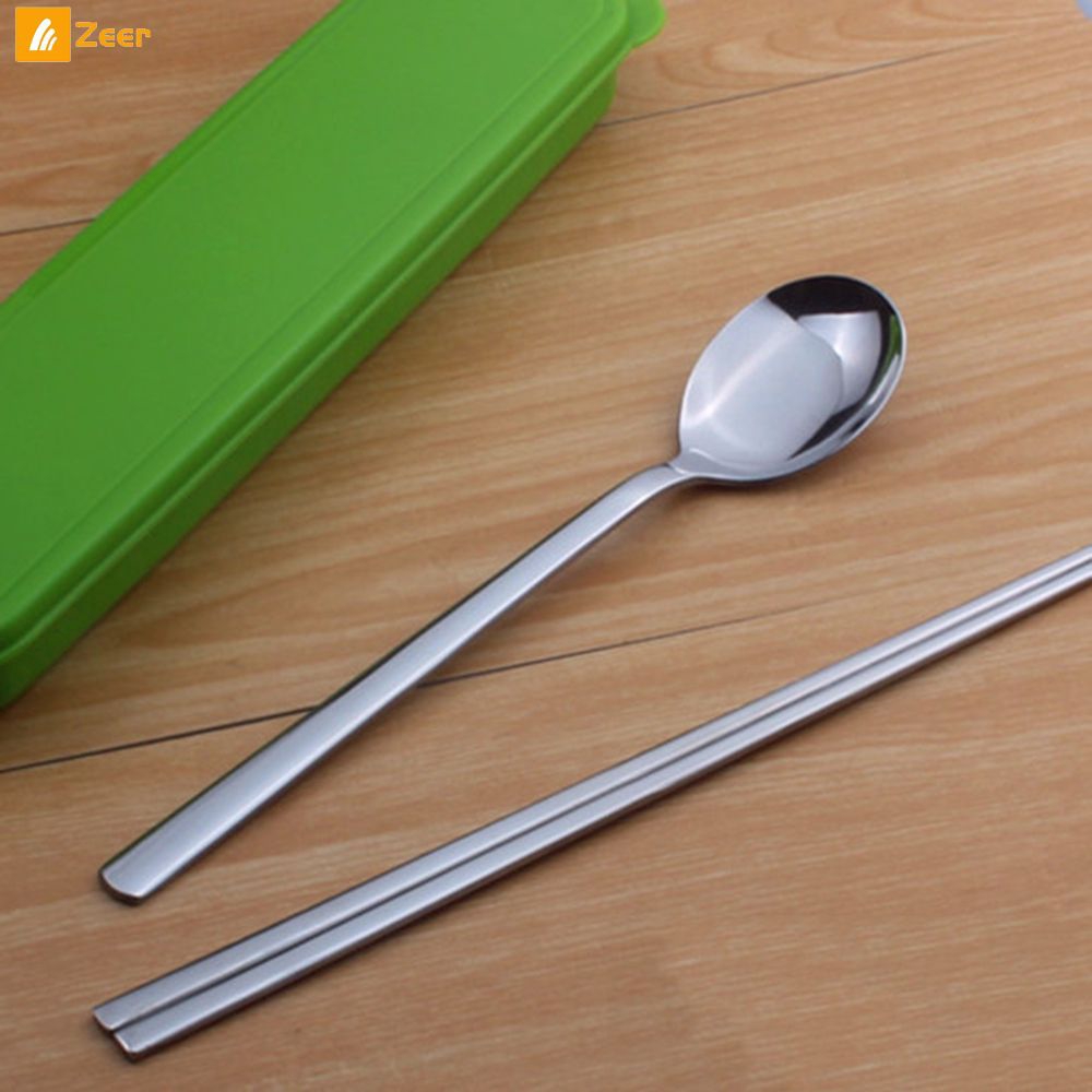 Korean flat chopsticks spoon portable set stainless steel Korean flat chopsticks spoon gift ...