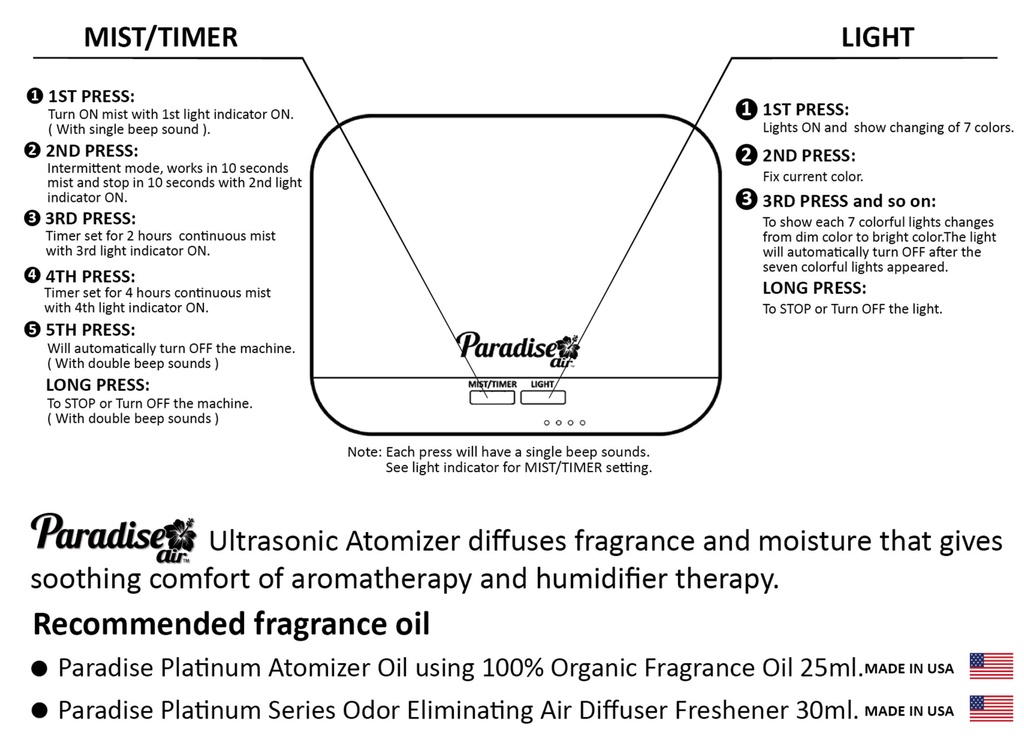 Paradise Air 5IN1 ULTRASONIC Aroma Diffuser and Humidifier Odor