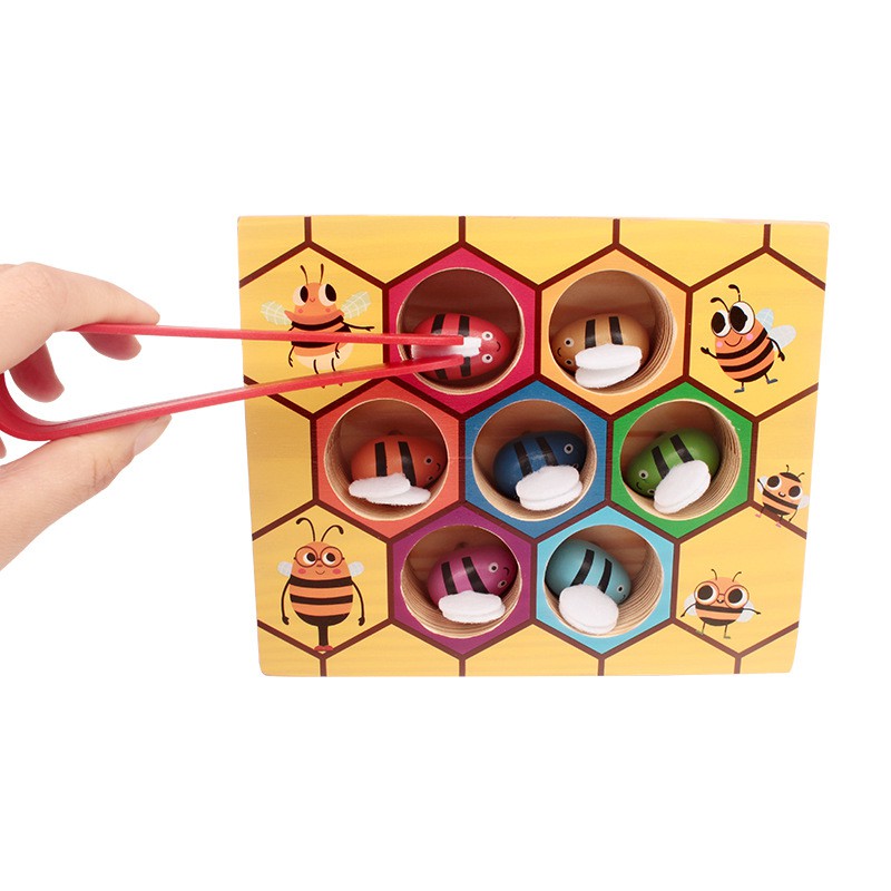 Color Recognition Sorting Game Euyecety Fine Motor Skill Toddler Toy Montessori Educational Wooden Toy Preschool Learning Puzzle Gift for 2 3 4 Years Old Boy Girl Clamp Bee to Hive Matching Game 