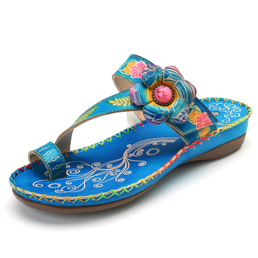 socofy bohemian leather adjustable hook loop printing forest sandals