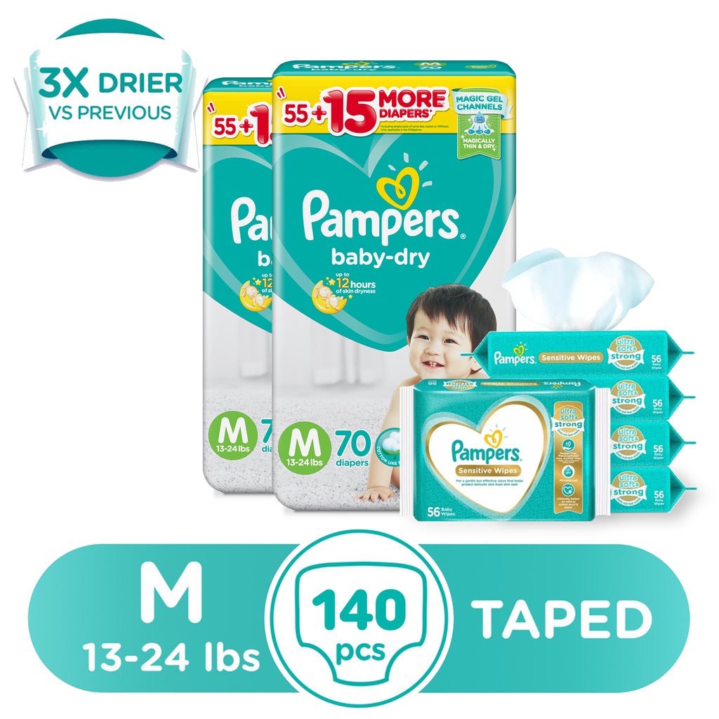 Pampers Baby Dry Taped Diapers Medium 70s 2 packs + 5 wipes Shopee