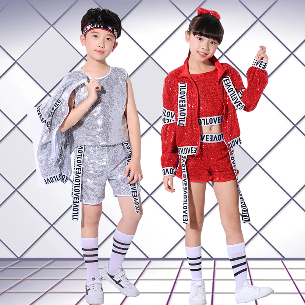 4Pcs Kids Boys Girls Sequins Streetwear Modern Jazz Dance Costume Hip Hop  Outfit Stage Performance Wear Crop Top Jacket Shorts Suit | Shopee  Philippines