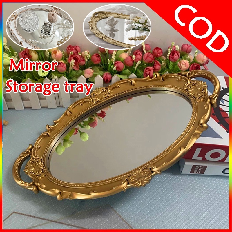 COD Oval Vintage Decorative Wall Mirror Jewelry Dresser Organizer Tray Cosmetics Storage Tray