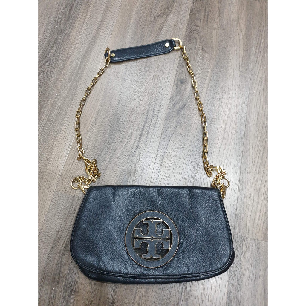 Preloved Tory Burch Small Black Leather with Gold Chain Sling | Shopee  Philippines