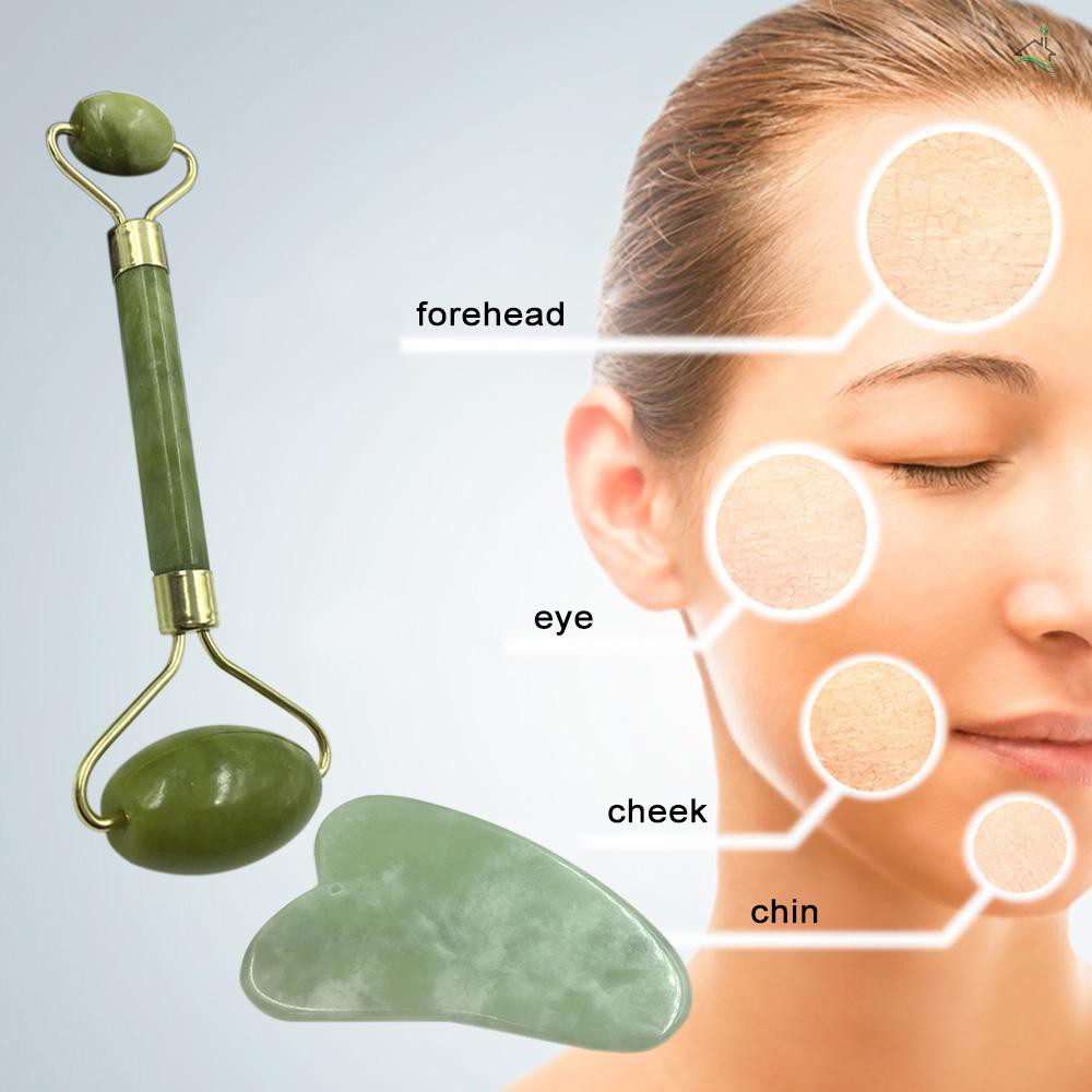 Jade Roller & Gua Sha Scraping Massage Tool with Protective Box for