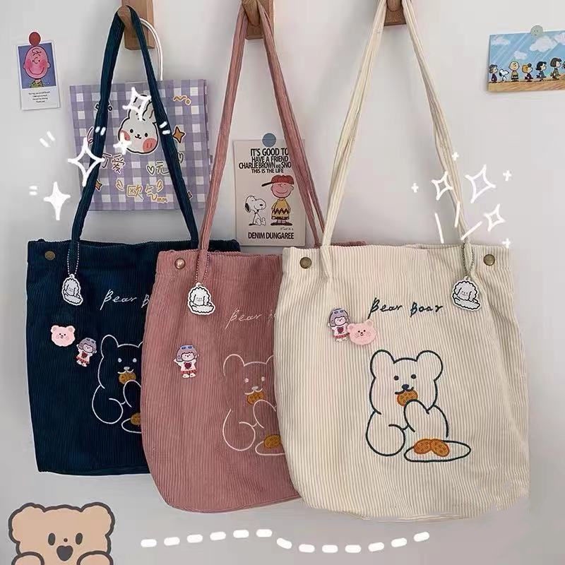 Ins Cute Bear One Shoulder Canvas Bag Korean College Girl Students Versatile Corduroy Shopping Tote Handbag #3