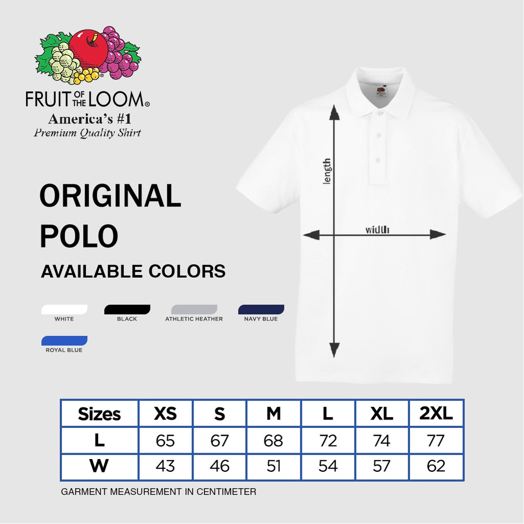 fruit of the loom polo shirt size chart