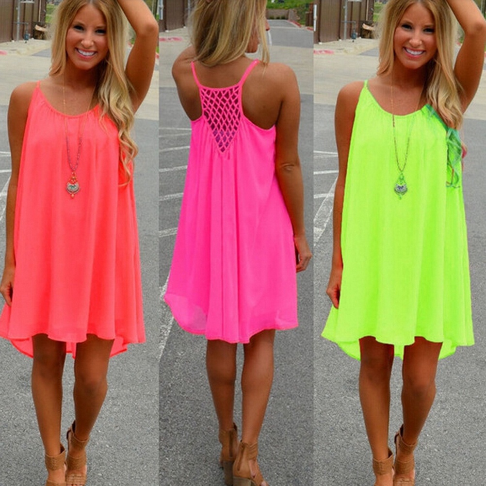 2016 Women Sexy Hollow Backless Chiffon Neon Dress Summer Casual Beach Club  Wear | Shopee Philippines