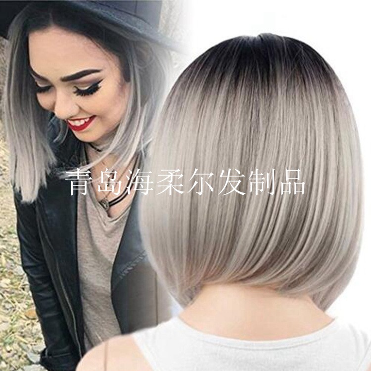 Black Roots Gray Bob Wig Women Synthetic Lace Front Wavy Hair Short Hair Wigs