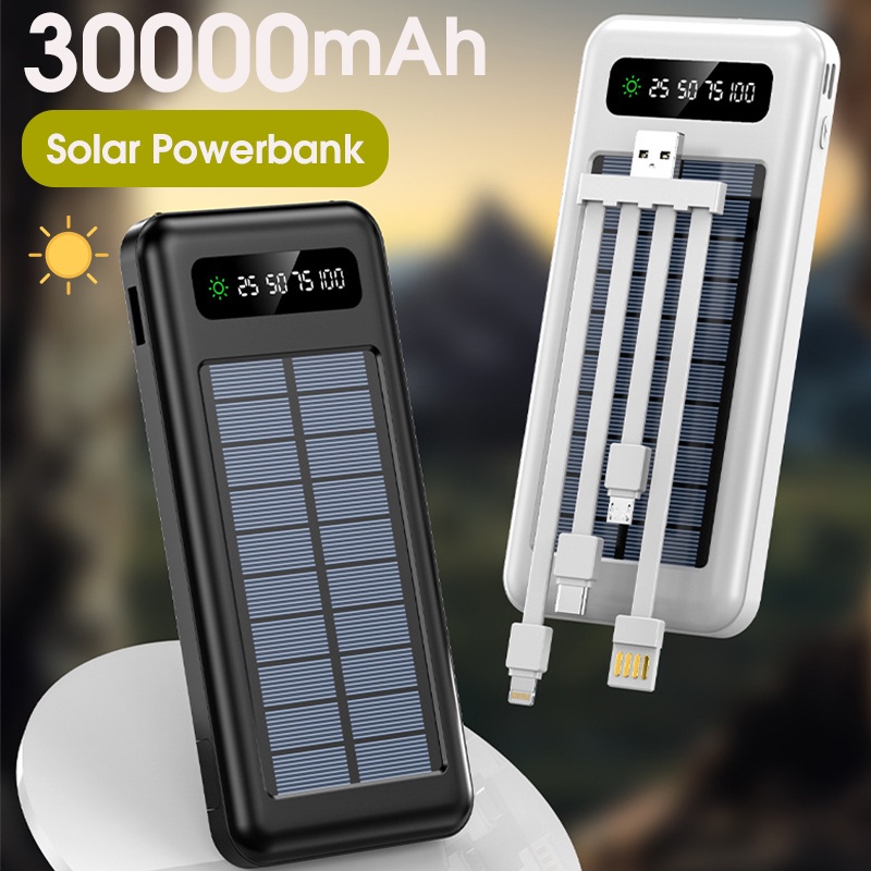 Mini Solar Power Bank 30000mah Original Fast Charging Built In 4 Cables Torch PowerBank Shopee