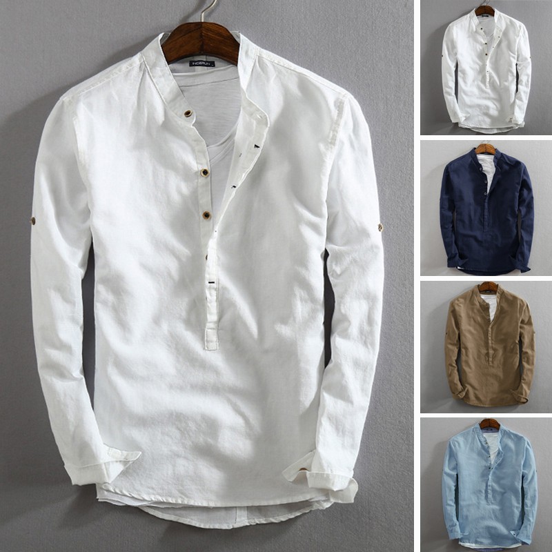 Mens Casual Loose Linen Long Sleeve Buttons Top #7