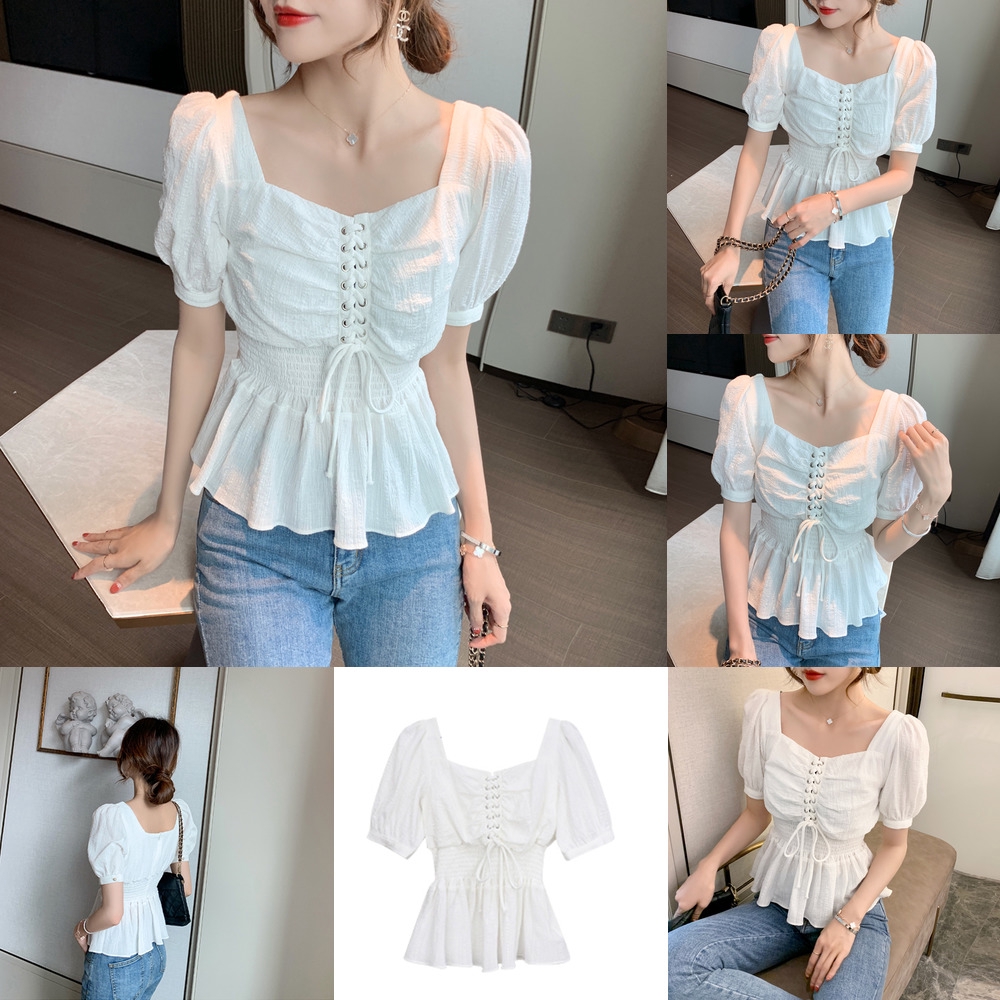 white ruffle short sleeve top