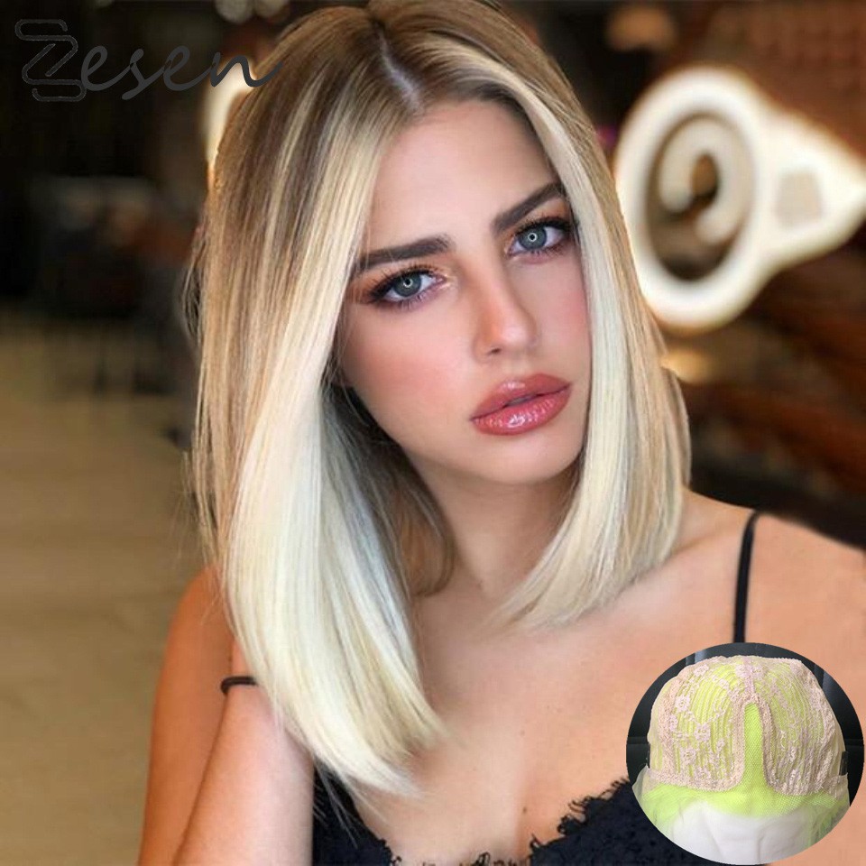 Zesen Ombre Synthetic Short Bob Highlight Light Ash Blonde T Middle Part  Lace Front Wigs For Women H | Shopee Philippines