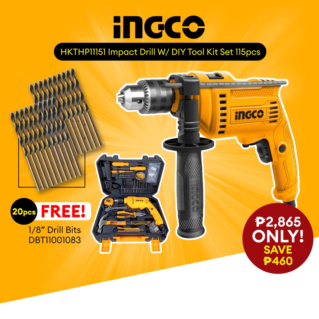 INGCO HKTHP11151 115pcs Tool Set with 680W Impact Drill + FREE 20PCS 1/ ...