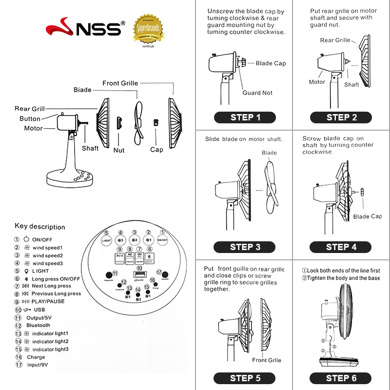 NSS Solar Fan 12 inch Rechargeable Fan Multi-funtional Fan with