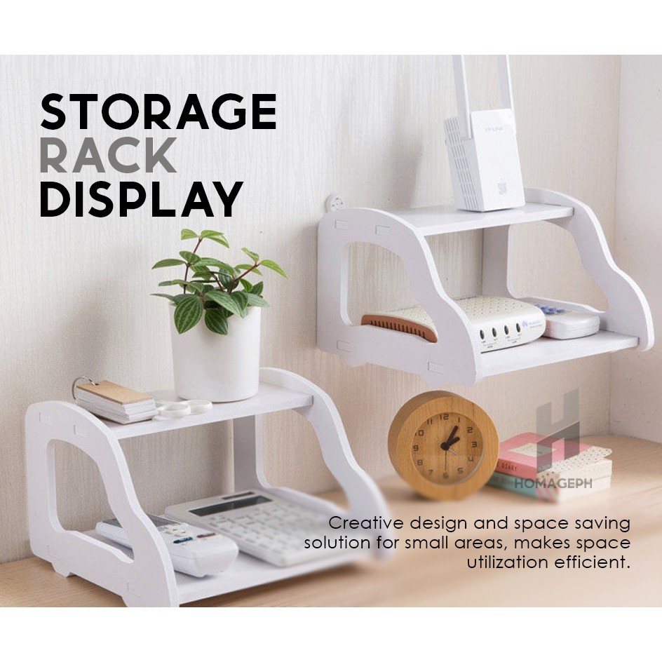 Storage Rack Display Holder Double Floating Wall Mount Shelf Wood Desk
