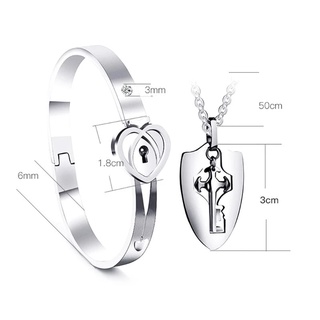 [Valentine's Day Gift] 2Pcs/Set Silver Concentric Lock Bracelet Necklace Pendant/ Titanium Steel Couples Heart Lock Bangles/ Fashion Lover's Jewelry Set Gifts #9