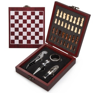 4PCS Wine Box Gift Set Wooden Box with International Chess & Wine Tools Accessories