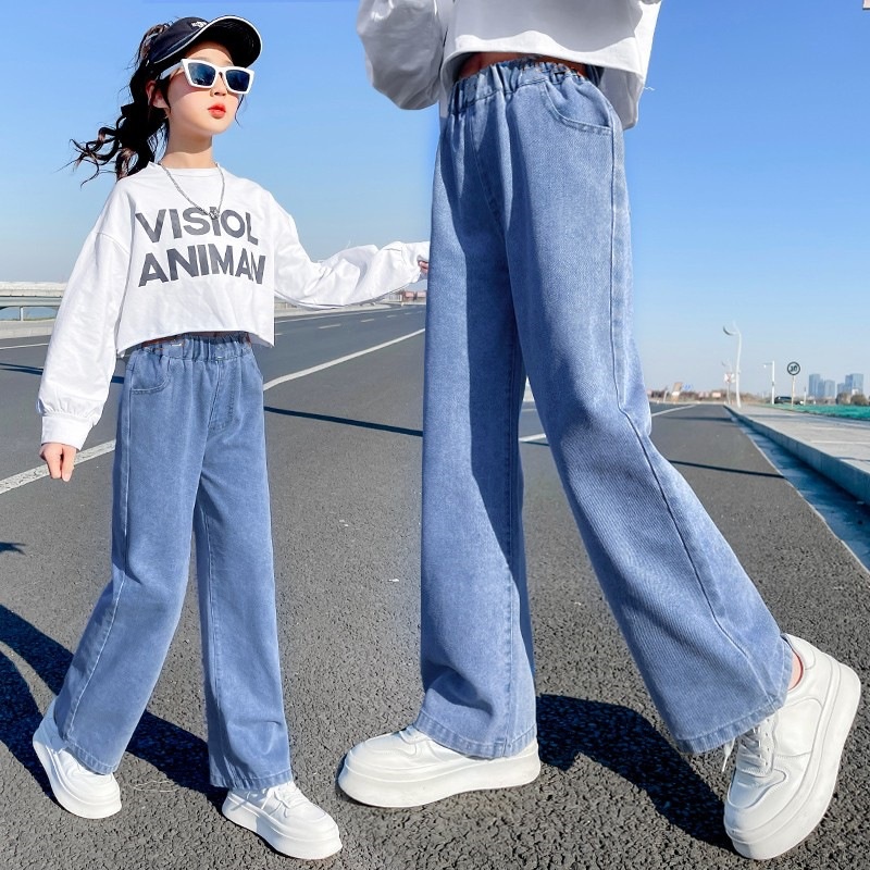 Girls' New Style Straight Jeans Spring Autumn Loose Wide Leg Pants ...