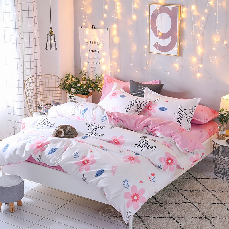 Pink And White Bedding Set For Girls Flower Duvet Cover Cheap Bed