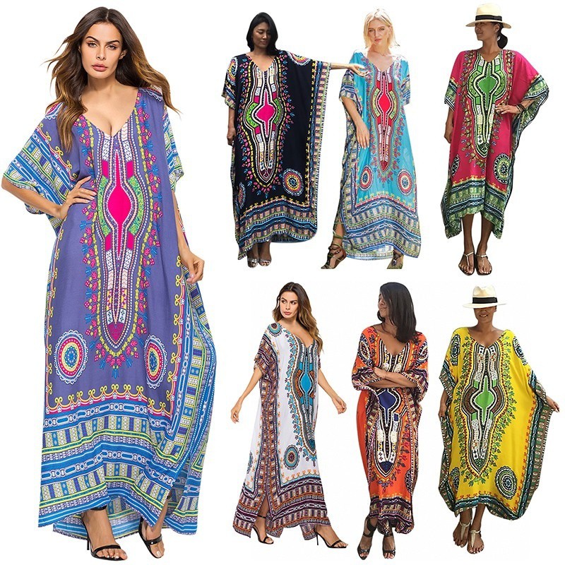 Xxxiticat Women's African Print Maxi Dress – Oversized Bohemian Kaftan, Chiffon Beach Cover Up, Loungewear