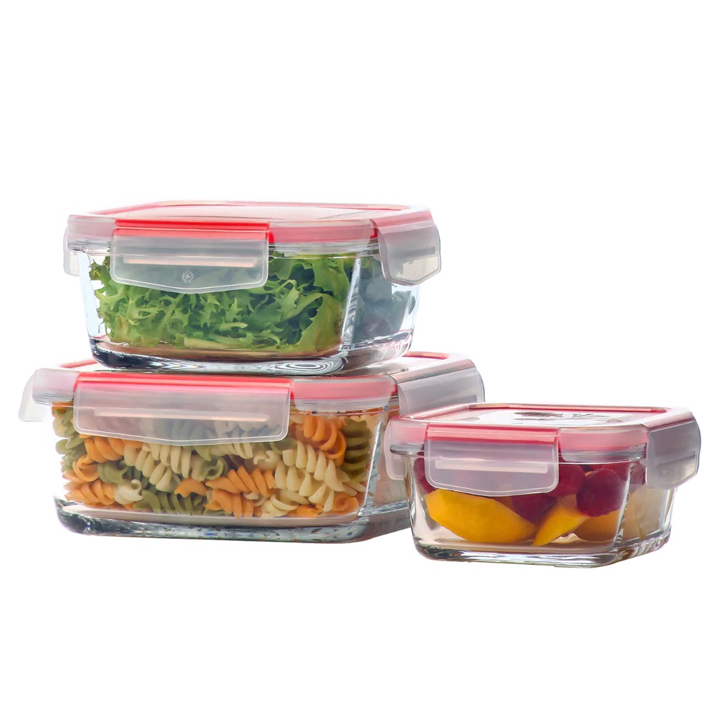 3pcs Red Cherry Borosilicate Glass Bowl Food Storage Containers