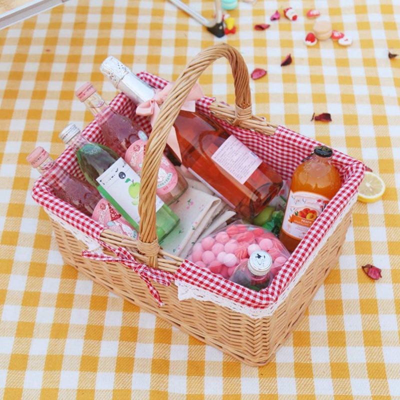 Picnic Basket Wicker Basket Shopping Basket Rectangle Red Liner Handle Gift Basket Bread Basket Vegetable Basket