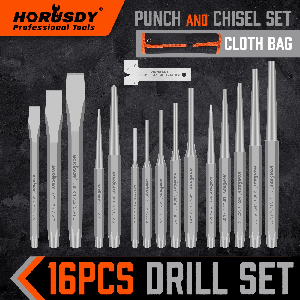 HORUSDY2021 16Piece Punch and Chisel Set, Including Taper Punch, Cold
