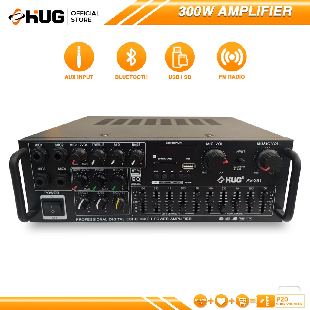 HUG 300 Watts 2 Channel Amplifier with Mixer, Equalizer, USB, Bluetooth