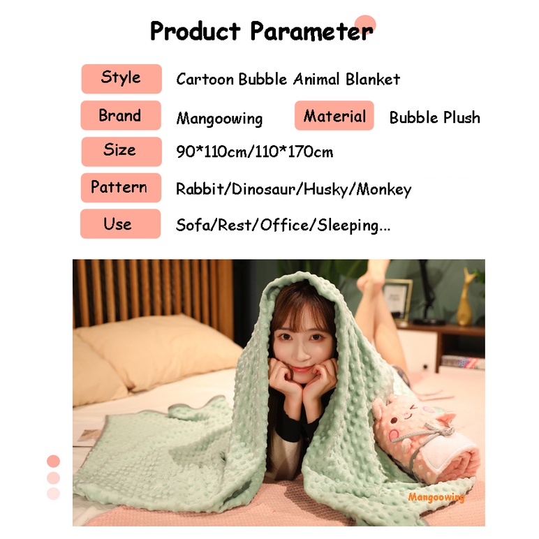 READY STOCK 90*110cm/110*170cm Cute Cartoon Animal Soft Blanket Dinosaur Rabbit Husky Monkey Kawaii Comfortable Office Nap Blanket Fluffy Blanket Birthday Gift for Girls Kids Small Blanket Single