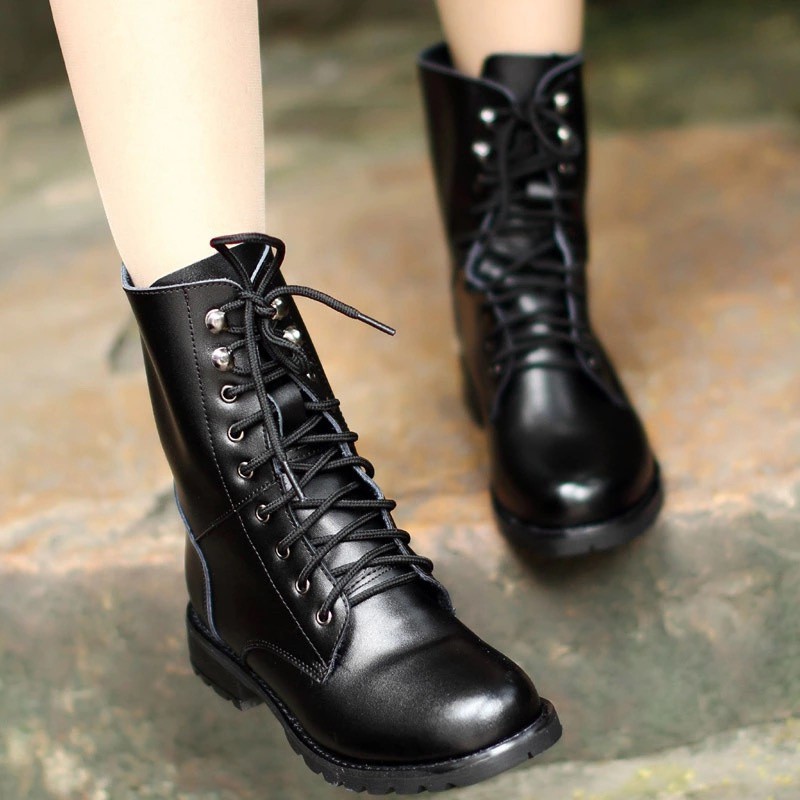 Women Combat Ankle Boots Leather Block Heels Lace Up Solid Plus Size New Shoes
